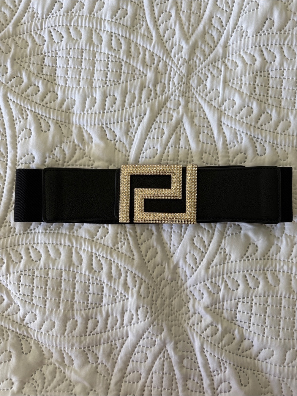 Frank Lyman Design Black Stretch Belt with Crystal Pave Geometric Buckle